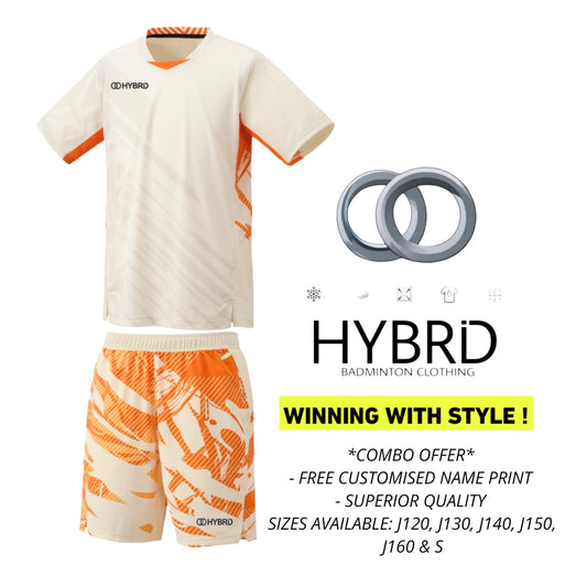 Hybrid Badminton Crew Neck Tournament Tshirt & Shorts Combo - CREAM, TANG