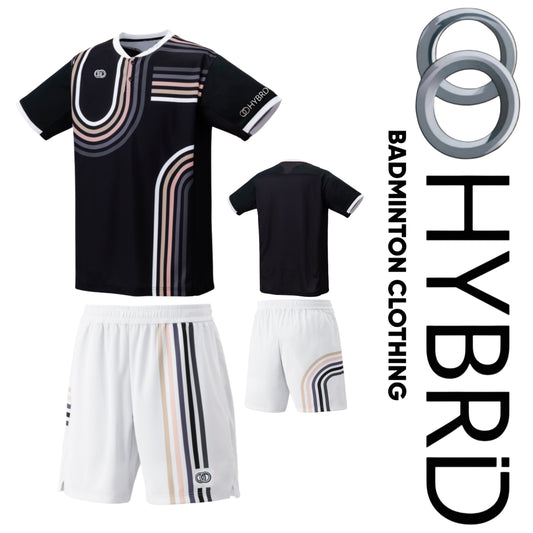 Hybrid Badminton Chinese Round Neck Tournament Tshirt & Shorts Combo - Black & White